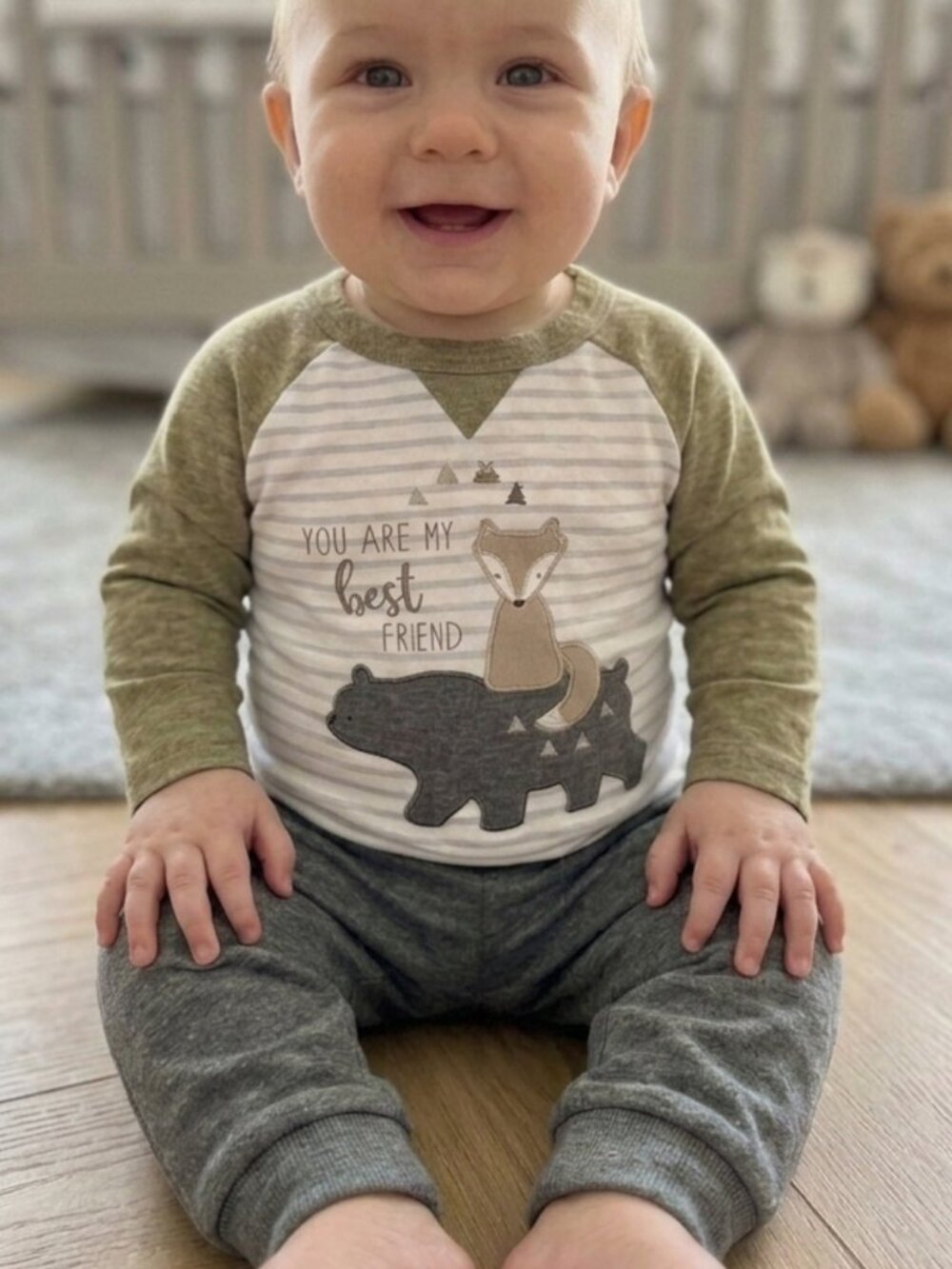 NWT 🦊🐻 René Rofé Baby 2-pc Outfit Long Sleeve Shirt & Pants, Fox & Bear, 6-9 M